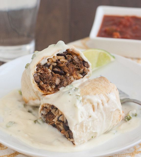 Slow Cooker Smoky Shredded Chipotle Beef Burritos with Poblano Sauce