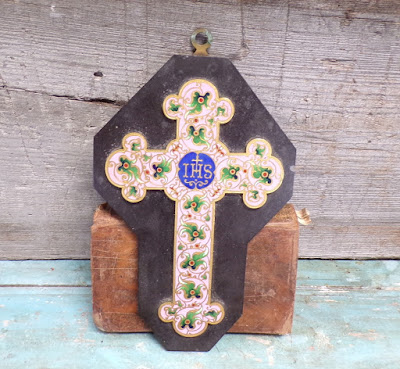French Religious Antique Pink Enamel Cloisonne Champleve Crucifix with marble