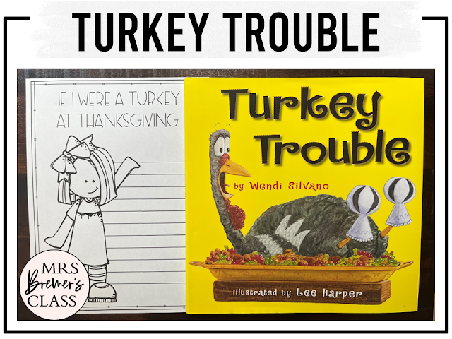 Turkey Trouble book activities unit with printables, literacy companion activities, reading worksheets, and a craft for Thanksgiving in Kindergarten and First Grade