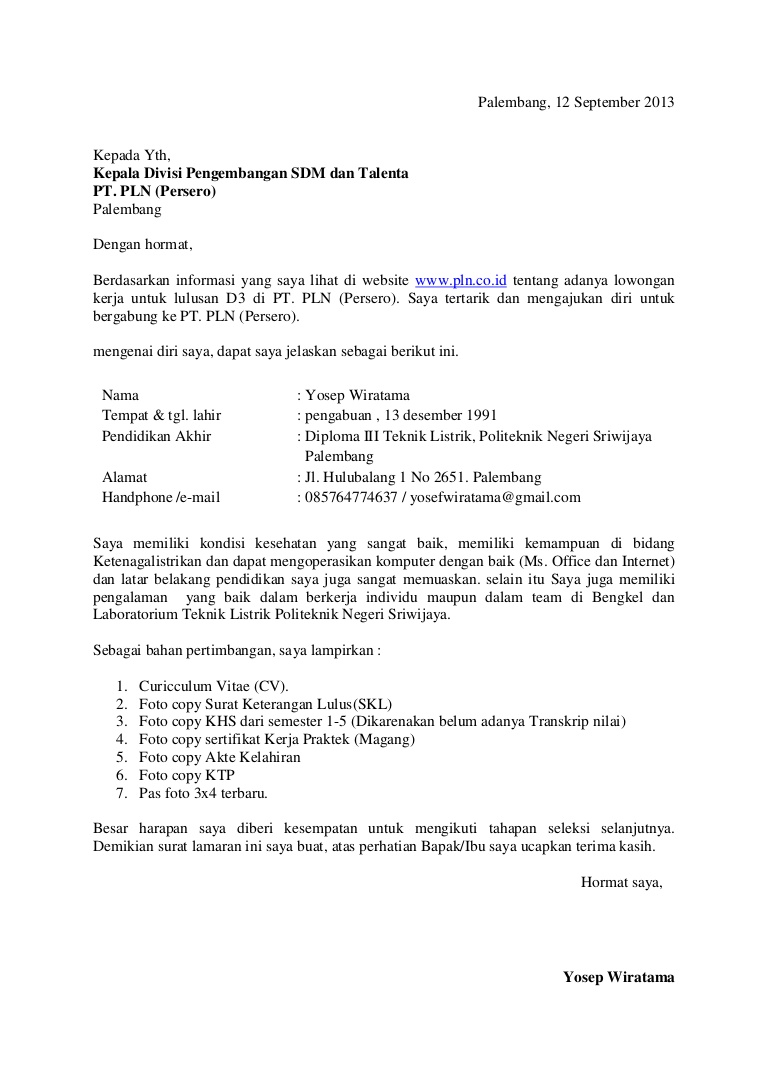 Surat Lamaran Kerja PLN - ben jobs