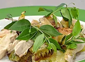 Galletto al mirto con patate e carciofi