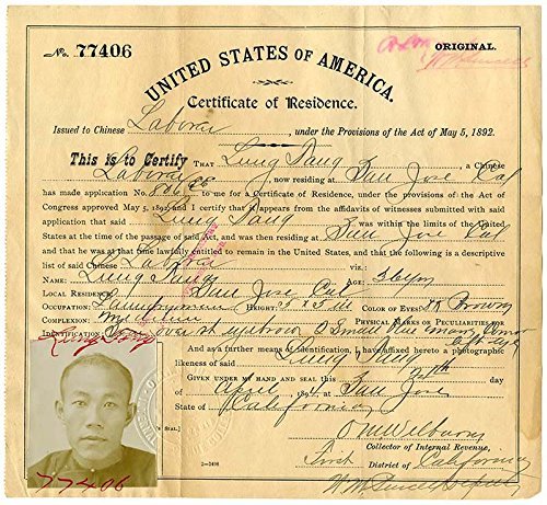 Certificate of Residence for Lung Tang, Laundryman, Age 36 Years,  of San Jose, California, April 24, 1894 Certificates of Residents for Chinese Laborers, MS 3642, California Historical Society