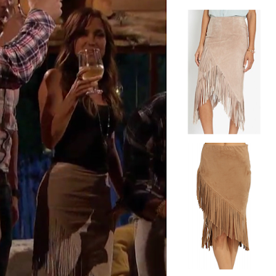 Look for Less Bachelorette Kaitlyn Bristowe in Intermix Exclusive Asymmetric Suede Fringe Skirt