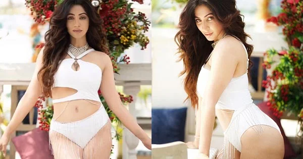 Reyhna Pandit white swimsuit curvy body