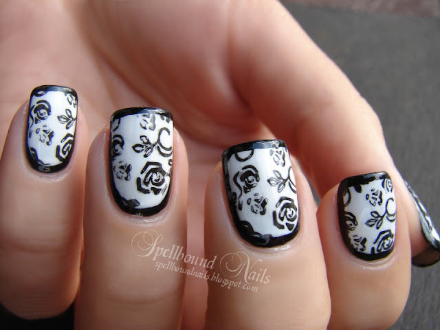 nails nailart nail art mani manicure Spellbound border borders roses stamping black white L.A. Colors tutorial elegant stamp stamped stamper