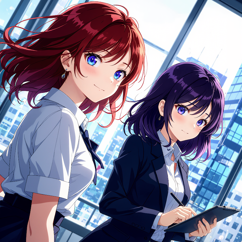two female characters one with red hair and the other with purple hair stand in a modern office with a cityscape visible through a large window each holding a tablet or tablet surrounded by a serene a