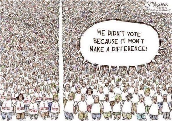 The cartoon shows two crowds, one of which is about double the size of the other. Everyone in the smaller crowd wears a T-shirt that says, “I voted.” The larger crowd wears blank shirts, and a word balloon above them reads, “We didn’t vote because it won’t make a difference.”