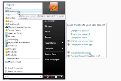 Windows Vista, menu Démarrer. Pour gérer les comptes utilisateur, tapez 'utilisateur' dans la zone de recherche du menu Démarrer. Ensuite, cliquez sur Comptes d'utilisateurs.