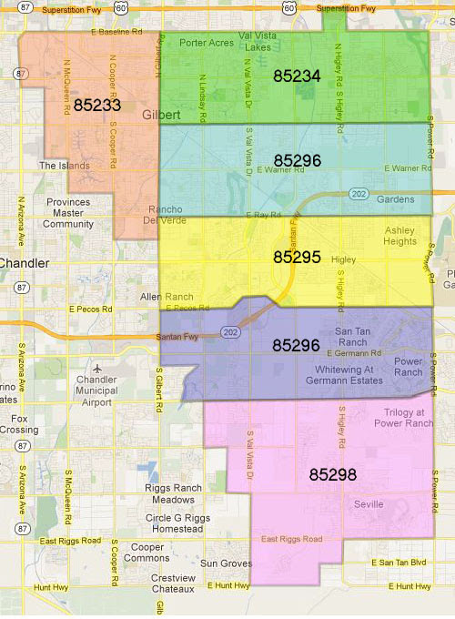 Gilbert AZ Zipcode Map 85233, 85234, 85295, 85296, 85297, 85298