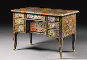 AN ENGRAVED BRASS AND PEWTER INLAID TORTOISESHELL PREMIÈRE-PARTIE BOULLE MARQUETRY AND EBONY BUREAU MAZARIN ATTRIBUTED TO ALEXANDRE-JEAN OPPENORDT (1639-1715) AND STAMPED I DUBOIS (1693-1763), LOUIS XIV, CIRCA 1685, RESTORED BY JACQUES DUBOIS, CIRCA 1750, Sotheby's