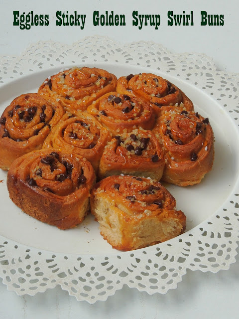 Eggless sticky golden syrup swirl buns