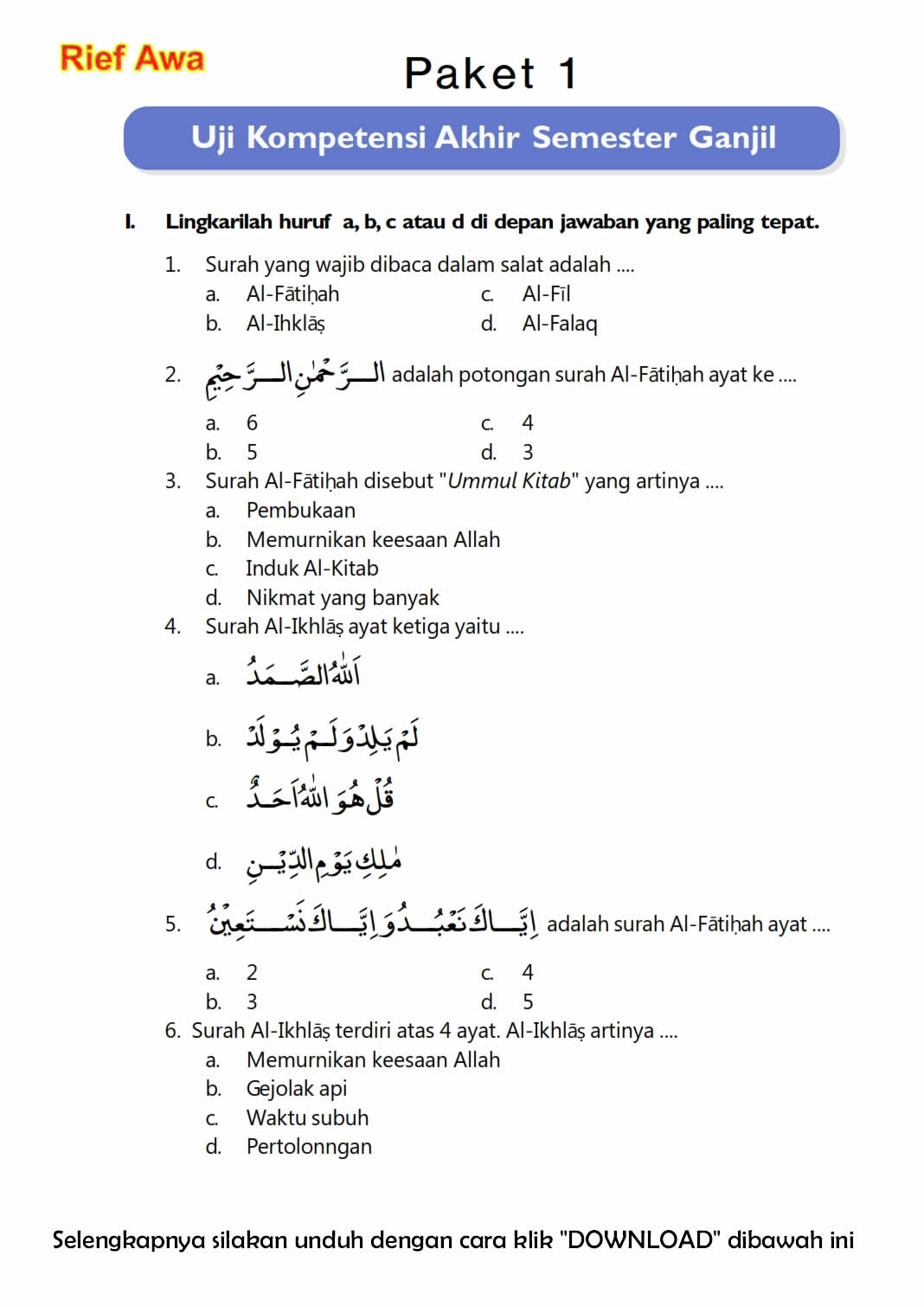 Download Soal UAS Ganjil Pendidikan Agama Islam Kelas 4 