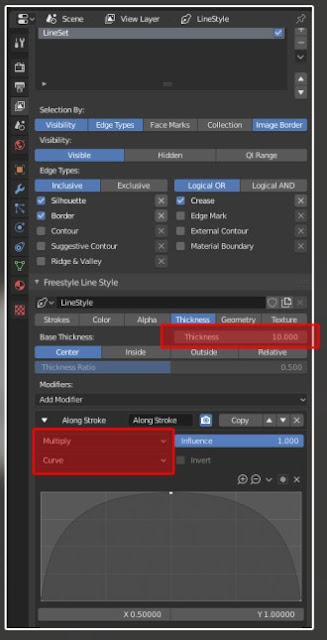 How to control line thick nesss by curve in blender freestyle.