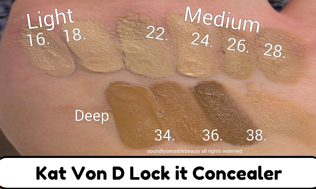 Kat Von D Lock It Tattoo Concealer Review & Swatches of Shades Light 16, Light 18, Medium 22, Medium 24, Medium 26, Medium 28, Deep 34, Deep 36, Deep 38