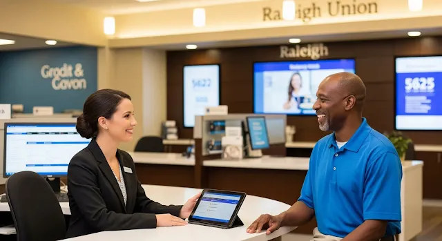Smiling customer speaking with a representative at one of the top credit unions in Raleigh NC inside a modern, welcoming branch
