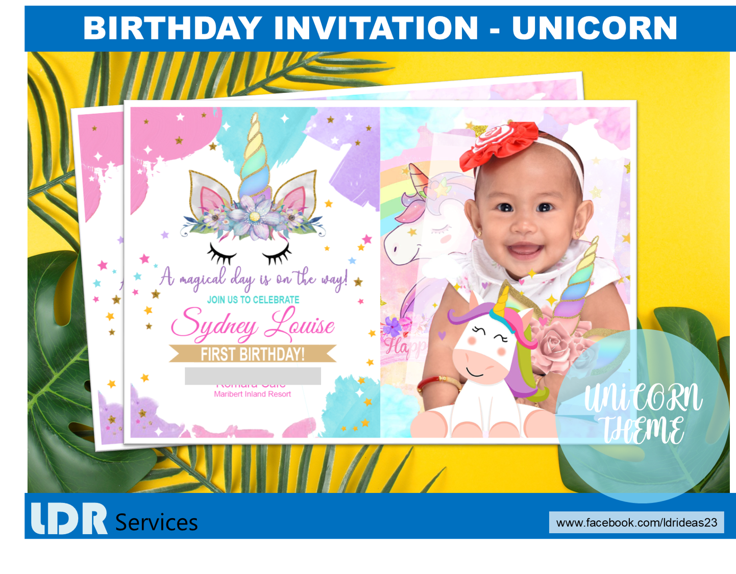 unicorn theme birthday party digital invitations and
