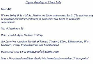 Requirement For B.Sc 1 M.Sc. Freshers on Short term contract Basis.