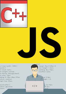 3 zdjęcia od góry znak kwadrat szary z czerwonym napisem C++, poniżej duży żółty kwadrat z czarnym napisem JS, na samym dole przedstawienie osoby przed laptopem w tle natomiast kod CSS. Osoba ta ma symbolizować programistę.