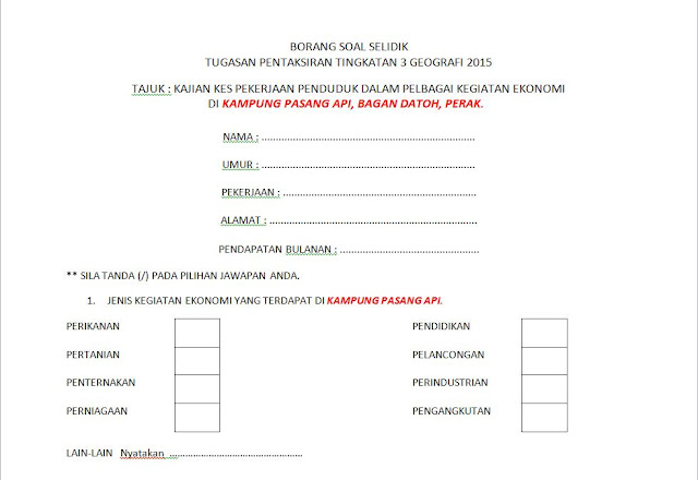 ... Contoh Borang Soal Selidik Kajian Geografi Contoh Borang Soal Selidik