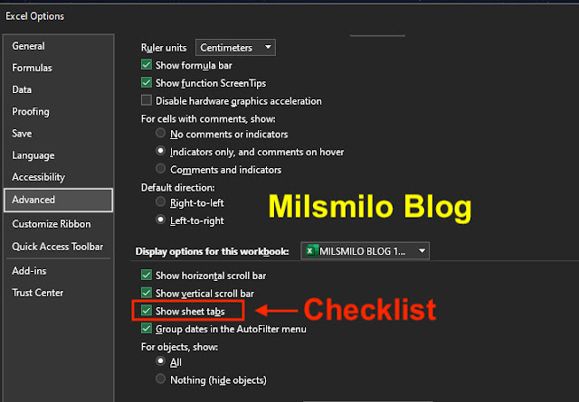 Cara menampilkan tab sheet yang hilang di Excel dengan mengaktikan Show sheet tabs pada Show options for this worksheet, memunculkan tab sheet excel