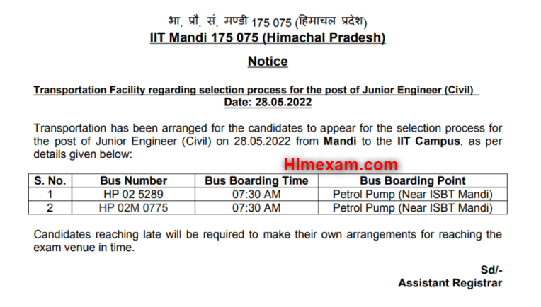 Notice regarding transportation arrangement for the post of J.E. (Civil) :- IIT Mandi