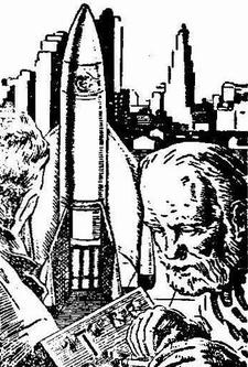 Illustration accompanying the reprint in Worlds Beyond, February 1951, of short story The Rocket of 1955 by C M Kornbluth