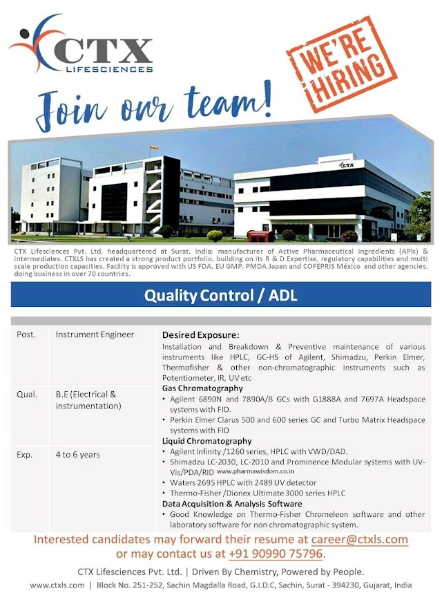 CTX Lifesciences Pvt. Ltd - Urgent Hiring Quality Control / ADL Departments at Surat