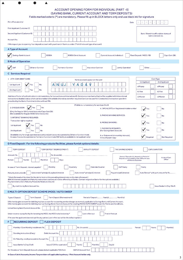 SBI account opening form sample 3