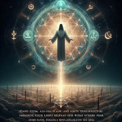This image symbolizes standing strong in truth despite being misunderstood and attacked. Anchored by the divine names Al-Ḥaqq (The Truth), Aṣ-Ṣabūr (The Patient), and Al-Ḥafīẓ (The Protector), the soul rises above false accusations and ego-driven noise. The sacred geometry reflects divine order amid chaos, reminding us that being vilified often means your light reveals what others fear. Stand firm. Trust in Him. Let your silence be your strength.