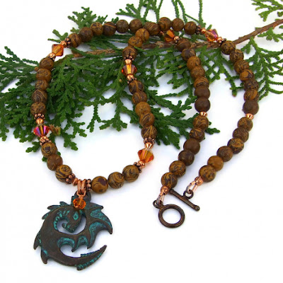 dragon jewelry with fire opal Swarovski crystals and elephant skin jasper