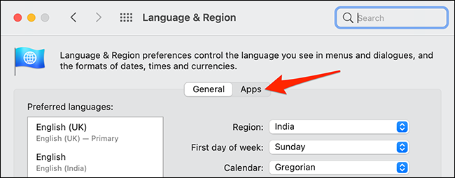 انقر فوق علامة التبويب "تطبيقات" في إعدادات "اللغة والمنطقة".