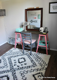 teen bedroom, attic, vanity, rug, tribal, desk, DIY, spray paint, mirror, http://bec4-beyondthepicketfence.blogspot.com/2015/10/teen-attic-bedroom-easy-vanity.html