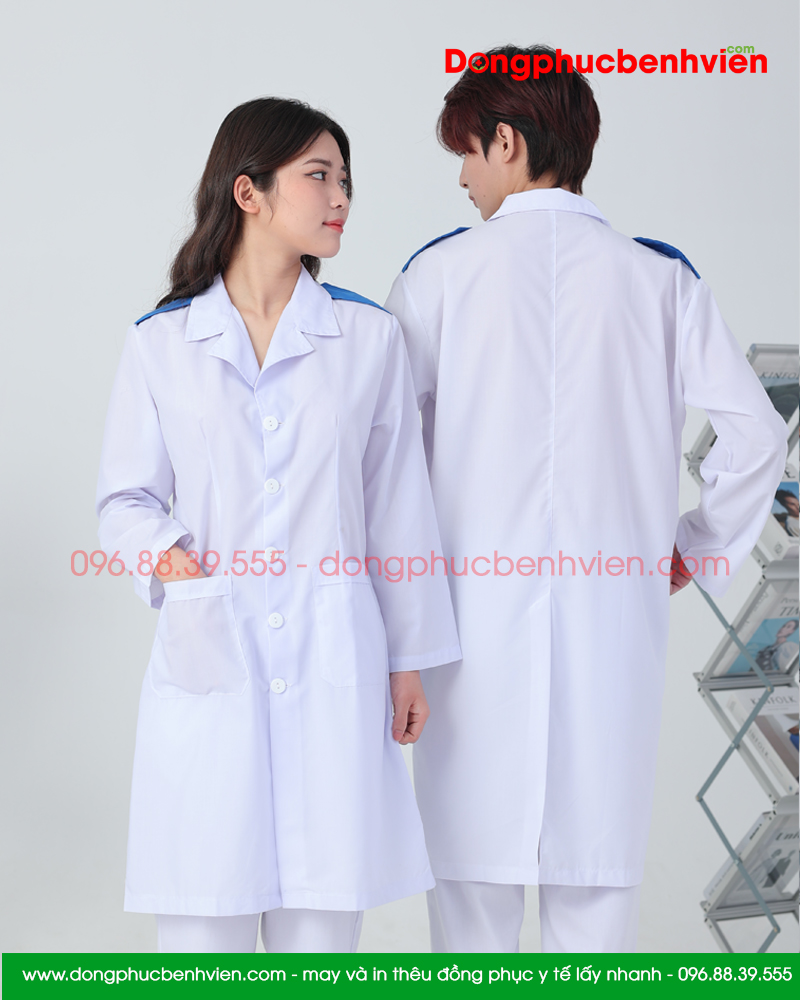 Bộ quần Áo blouse điều dưỡng nam nữ dáng dài có cầu vai – áo điều dưỡng, y tá thực tập sinh dài tay có cầu vai