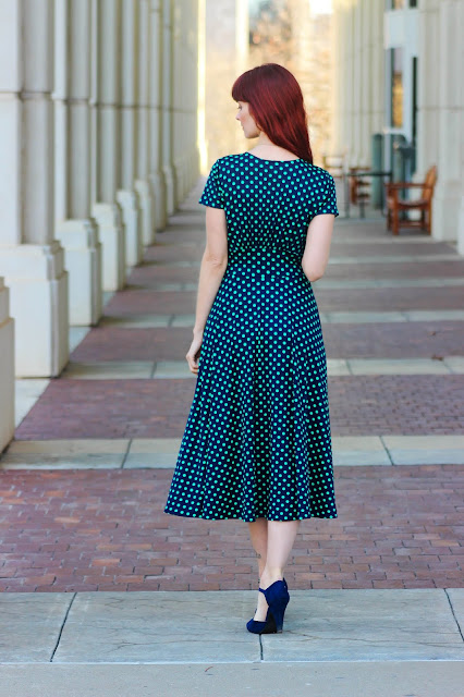 Margaret Dress - Navy with Green Polka Dots from Karina Dresses