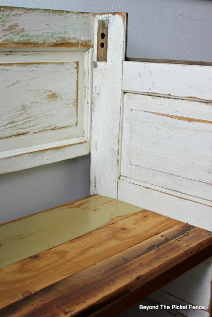 old door bench, chippy paint, DIY, Minwax, http://bec4-beyondthepicketfence.blogspot.com/2016/02/a-door-able-bench.html