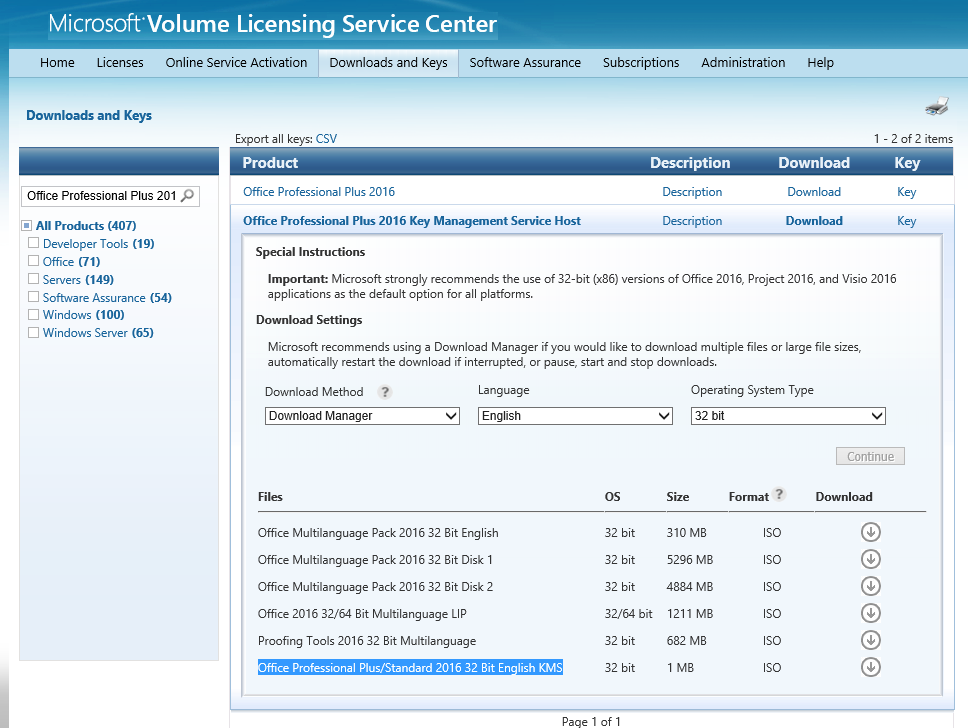 Add your Office 2016 KMS Keys to your Volume Activation Server