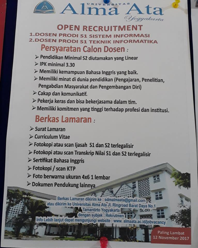 Lowongan Dosen Sistem Informasi & Teknik Informatika Universitas Alma Ata Yogyakarta