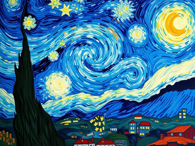 "Van Gogh’s Starry Night painting showcasing his swirling, emotional brushwork."