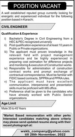Civil engineering jobs in karachi 2022