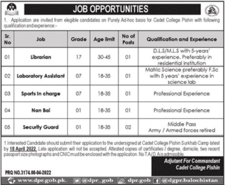 Cadet College Pishin Jobs 2022 Balochistan Employment Opportunities