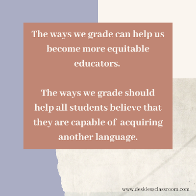 Text reads: the ways we grade can help us become more equitable educators. The ways we grade should help all students believe that they are capable of acquiring another language. Text is beige on a terracotta and lavender background.