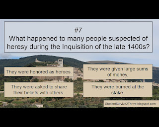 What happened to many people suspected of heresy during the Inquisition of the late 1400s? Answer choices include: They were honored as heroes. They were given large sums of money. They were asked to share their beliefs with others. They were burned at the stake.