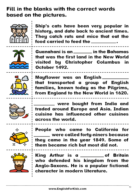 Columbus Day vocabulary worksheets - fill in the blanks