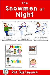 The Snowmen at Night Book Activities Grades K-1 This Snowmen at Night book companion is perfect for your kindergarten and first grade students this winter season.  This packet contains five days of before, during and after lesson plans plus center activities and worksheets for the following skills:  • Day 1 Before, During, After Lessons – Vocabulary • Day 2 Before, During, After Lessons – Rhyming – center activity and worksheets • Day 3 Before, During, After Lessons - Sequencing – center activity and worksheets • Day 4 Before, During, After Lessons – Nouns/Verbs– anchor chart, center activity, worksheets • Day 5 Before, During, After Lessons – Writing – class boo