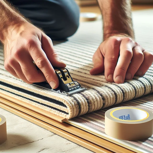 Close-up shots of a carpet being secured to the subfloor with carpet tack strips