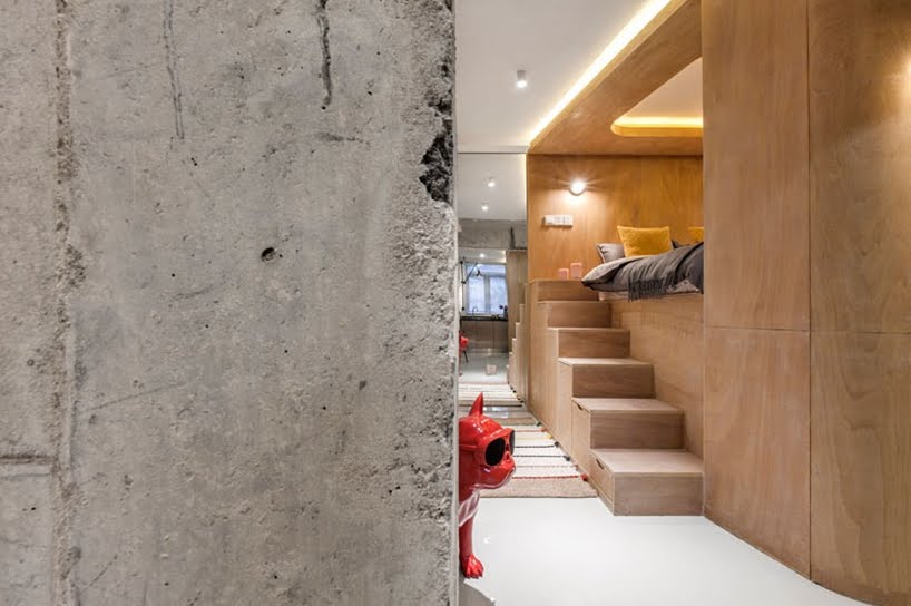 Este pequeño apartamento tiene una cama elevada dentro de una caja de madera