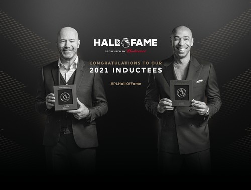 Alan Shearer, Thierry Henry holding their Premier League hall of fame plaque