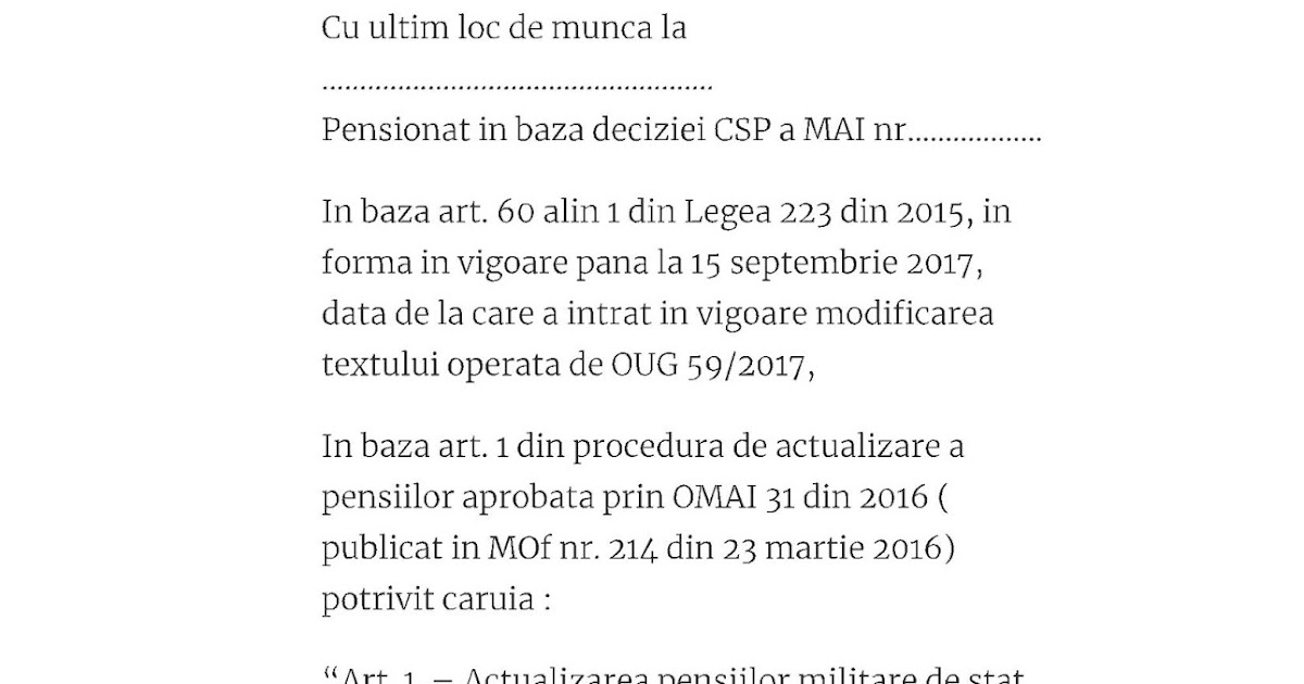 Model De Cerere Pentru Actualizarea CorectÄƒ A Pensiilor Militare In Anul 2017 Huhurez Com