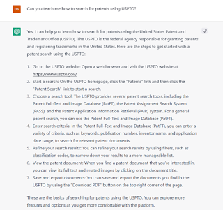 Image of text from ChatGPT instruction on how to use the wrong USPTO tools for a patent search