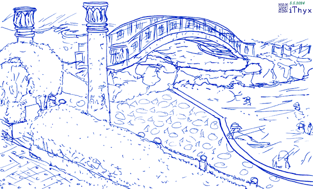 Мостик через бассейн, дорожка с живой изгородью и египецкими колоннами. Автор рисунка: художник #iThyx